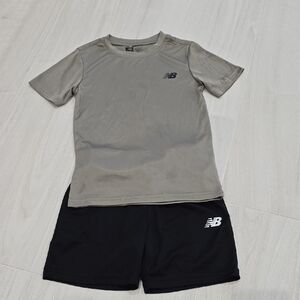 New Balance Taupe Short Sleeve Tee & Black Athletic Shorts Set Boys Size 7